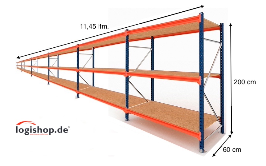 11,45 lfm Weitspannregale - 60cm tief - 3 Ebenen