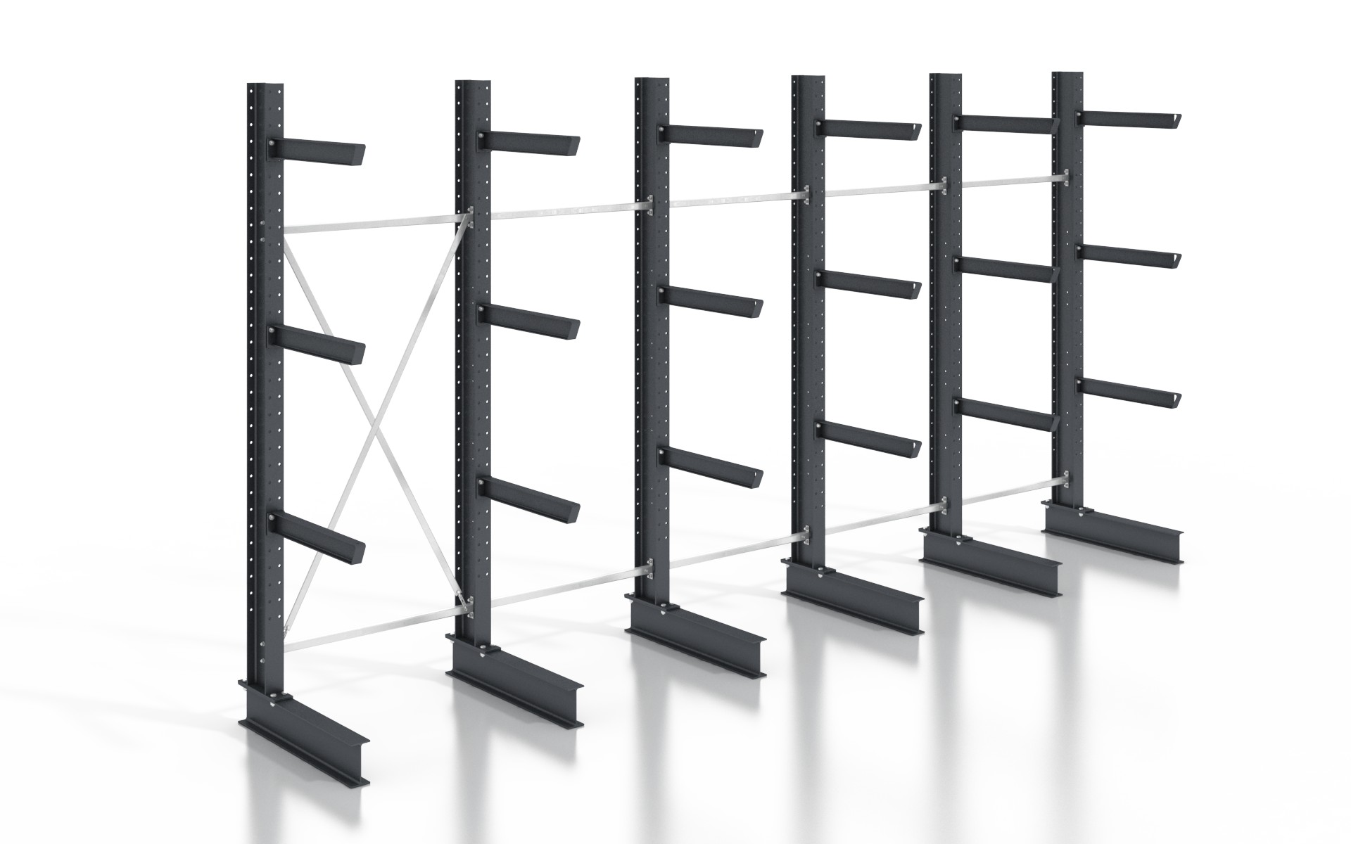 Kragarmregal einseitig 6,40 m – 255 cm Höhe | 80 cm Nutztiefe | 500 kg pro Arm