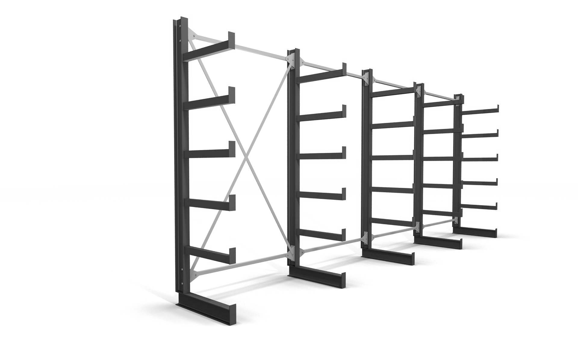 Kragarmregal einseitig 5,19 m – 200 cm Höhe | 200 kg pro Arm