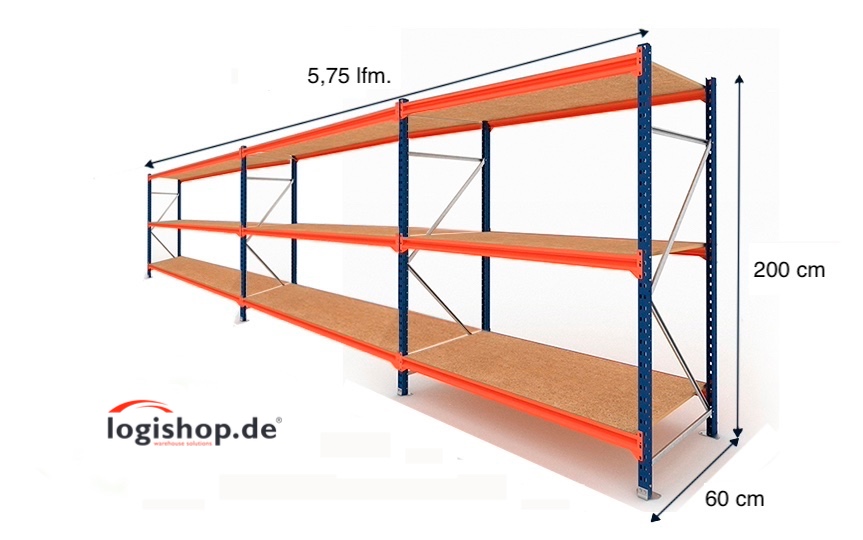 5,75 lfm Weitspannregale - 60cm tief - 3 Ebenen