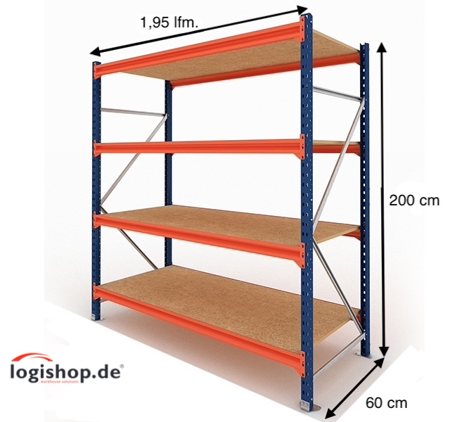 1,95 lfm Weitspannregale - 60cm tief - 4 Ebenen