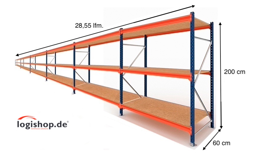 28,55 lfm Weitspannregale - 60cm tief - 3 Ebenen