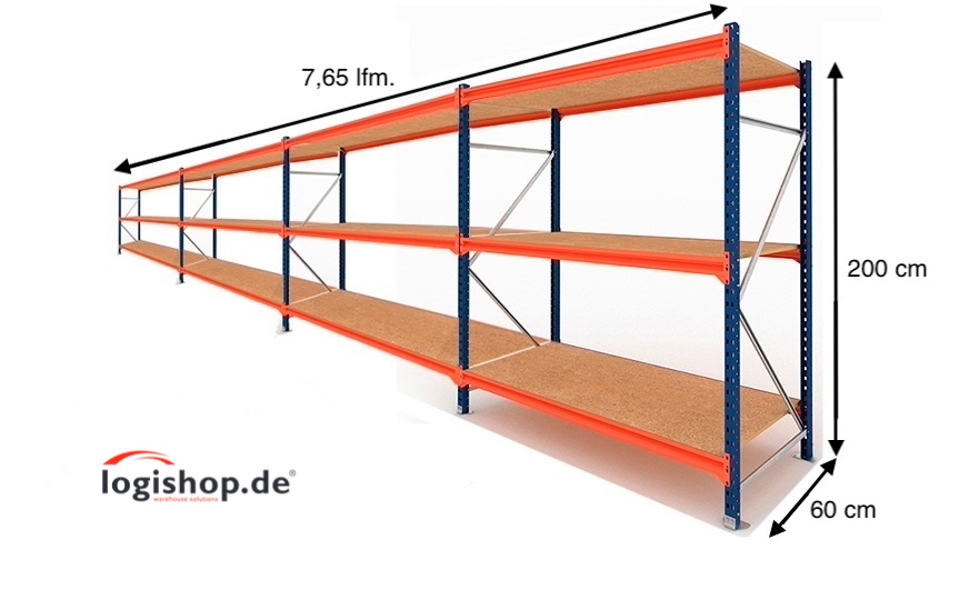 7,65 lfm Weitspannregale - 60cm tief - 3 Ebenen