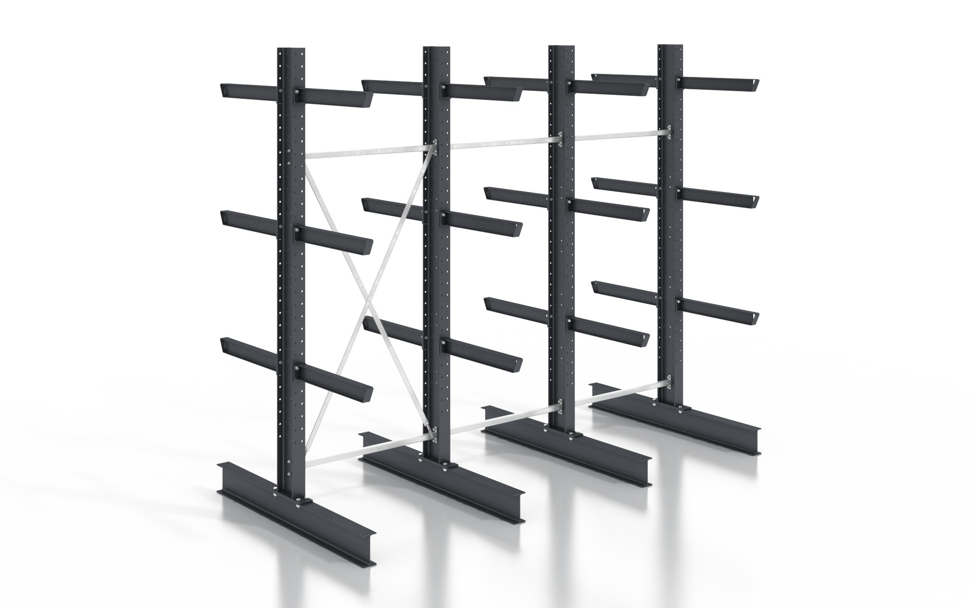 Kragarmregal doppelseitig 3,84 m – 255 cm Höhe | 80 cm Nutztiefe | 500 kg pro Arm