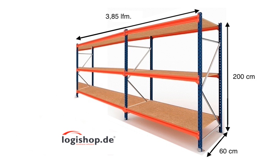 3,85 lfm Weitspannregale - 60cm tief - 3 Ebenen