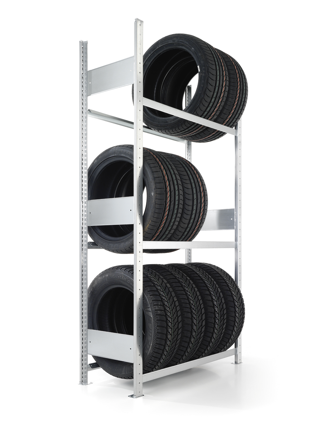 Reifenregal – 4,66 lfm | bis zu 48 Reifen | 200 cm Höhe | 40 cm Tiefe | 150 kg Fachlast | 3 Ebenen