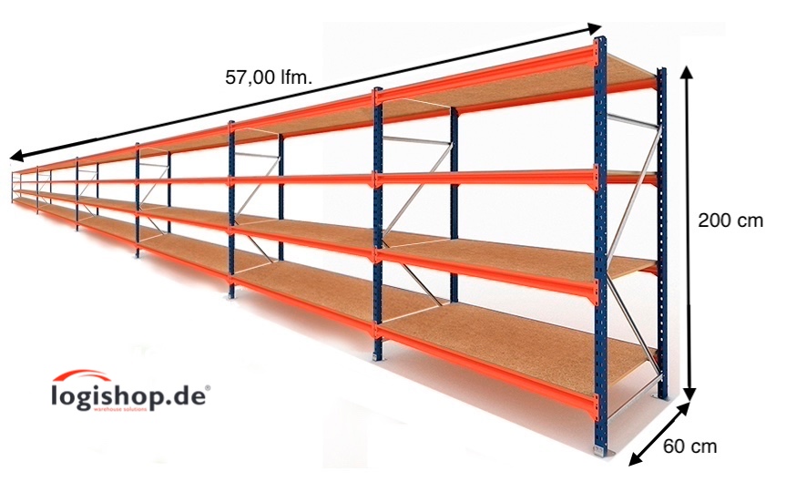 57 lfm Weitspannregale - 60cm tief - 4 Ebenen