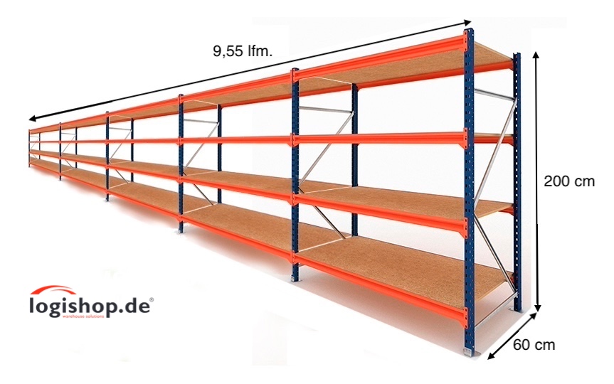 9,55 lfm Weitspannregale - 60cm tief - 4 Ebenen