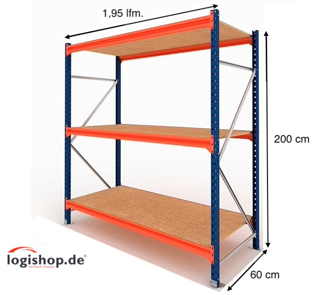 1,95 lfm Weitspannregale - 60cm tief - 3 Ebenen