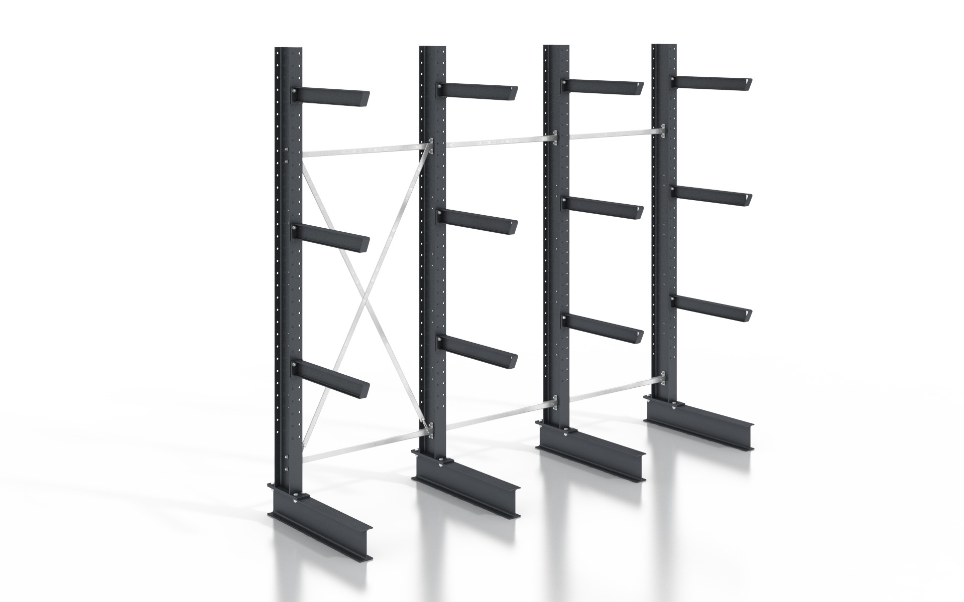 Kragarmregal einseitig 3,84 m – 255 cm Höhe | 80 cm Nutztiefe | 500 kg pro Arm