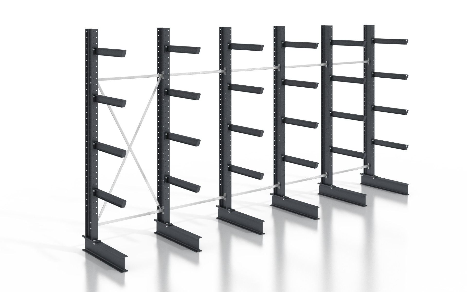 Kragarmregal einseitig 6,40 m – 315 cm Höhe | 80 cm Nutztiefe | 500 kg pro Arm