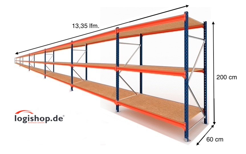 13,35 lfm Weitspannregale - 60cm tief - 3 Ebenen