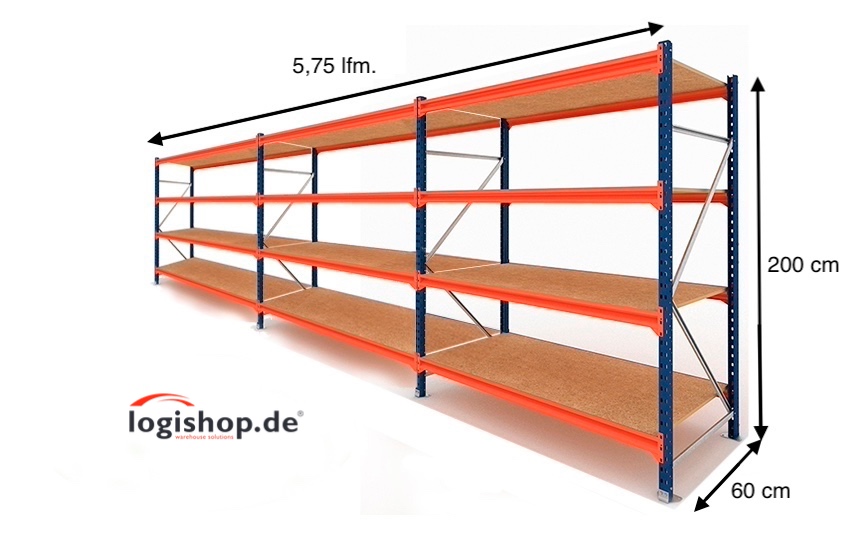 5,75 lfm Weitspannregale - 60cm tief - 4 Ebenen