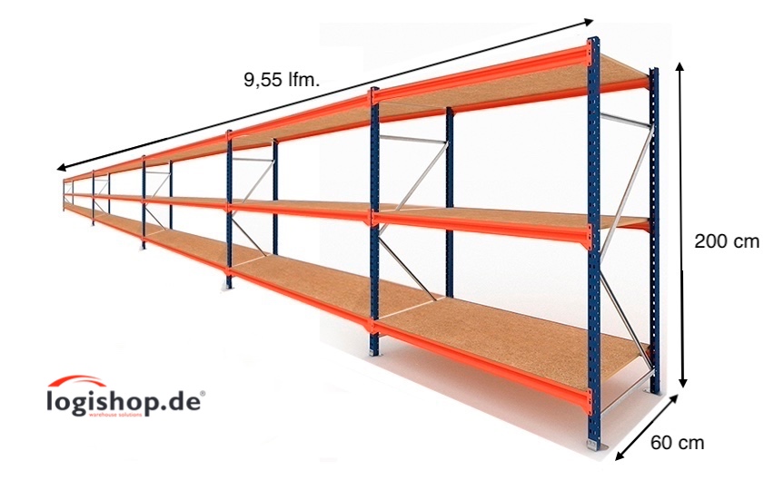 9,55 lfm Weitspannregale - 60cm tief - 3 Ebenen