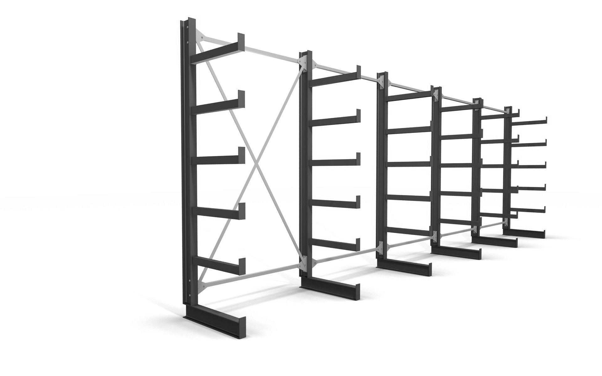 Kragarmregal einseitig 6,47 m – 200 cm Höhe | 200 kg pro Arm