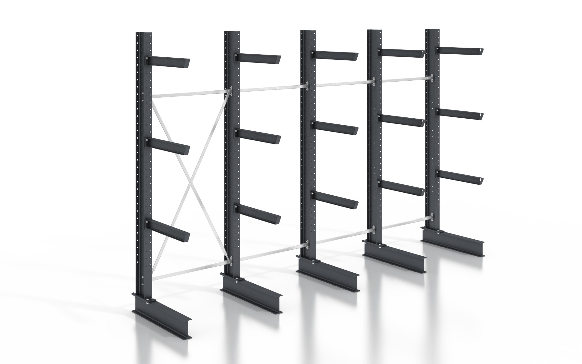 Kragarmregal einseitig 5,12 m – 255 cm Höhe | 80 cm Nutztiefe | 500 kg pro Arm