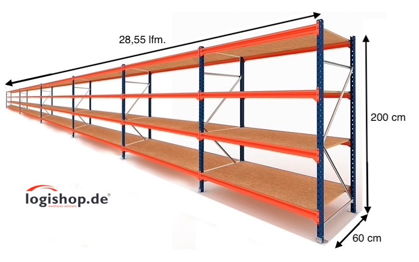 28,55 lfm Weitspannregale - 60cm tief - 4 Ebenen