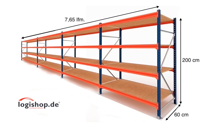 7,65 lfm Weitspannregale - 60cm tief - 4 Ebenen