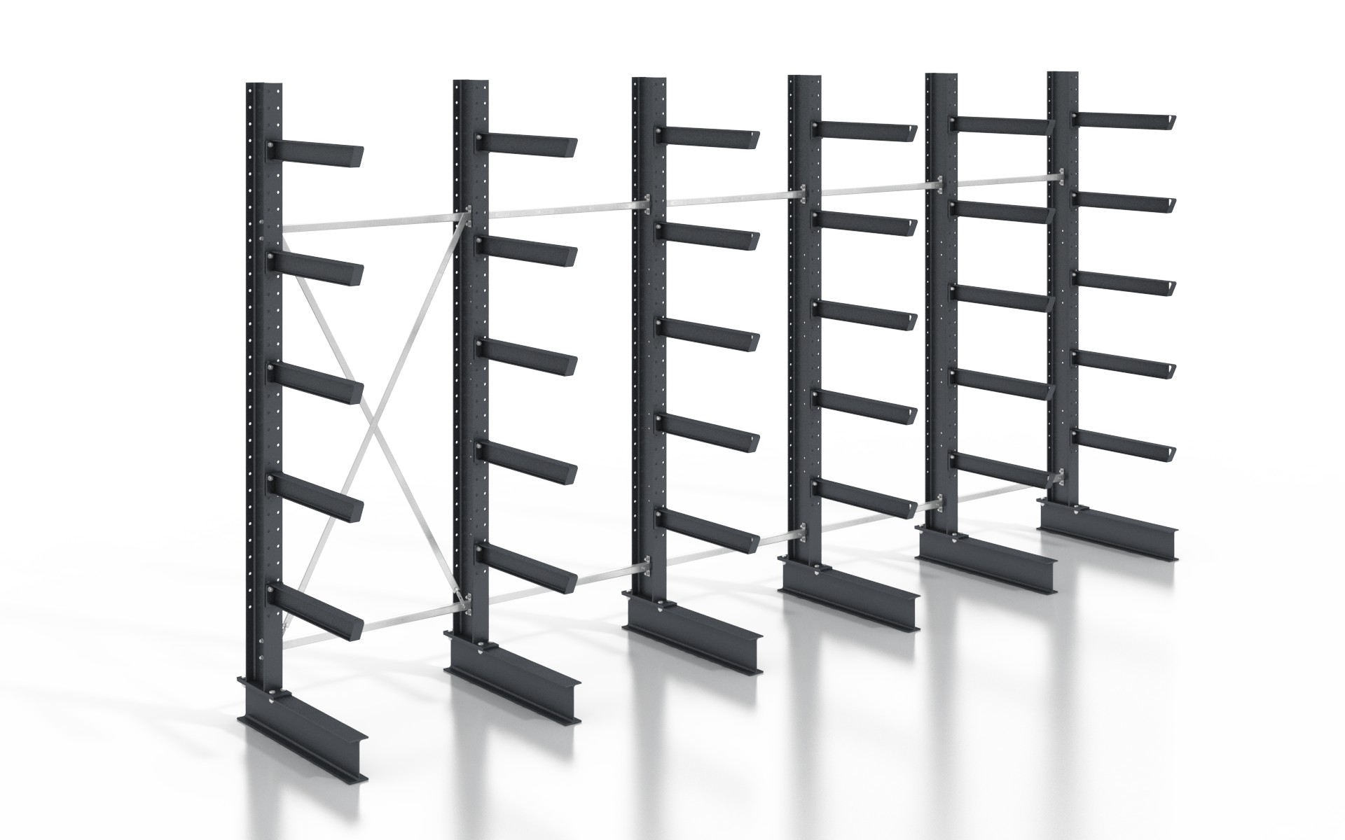 Kragarmregal einseitig 6,40 m – 355 cm Höhe | 80 cm Nutztiefe | 500 kg pro Arm