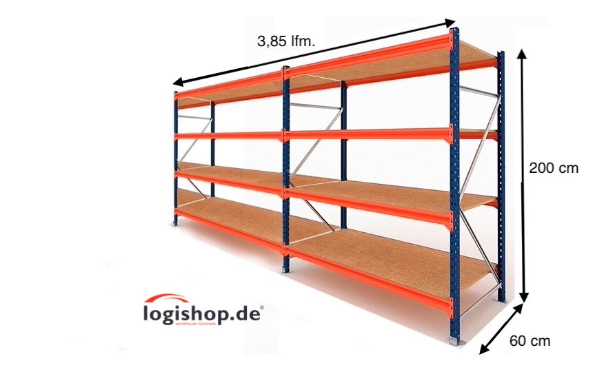 3,85 lfm Weitspannregale - 60cm tief - 4 Ebenen