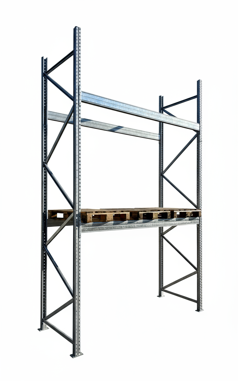 Grundfeld Palettenregal feuerverzinkt – 2,90 lfm | 450 cm Höhe | 3000 kg Fachlast | Boden + 2 Ebenen